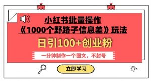小红书批量操作《1000个野路子信息差》玩法，一分钟制作一个图文，不封号，日引100+创业粉-学习笔记资源库