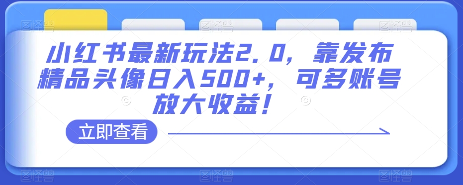 小红书最新玩法2.0，靠发布精品头像日入500+，可多账号放大收益！【揭秘】-学习笔记资源库