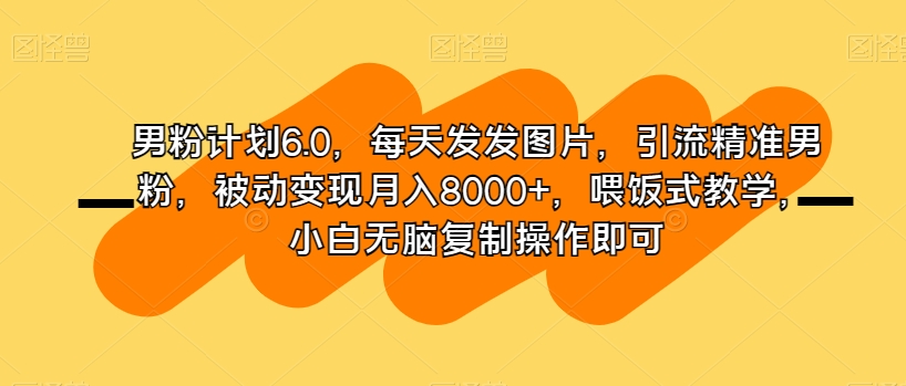 男粉计划6.0，每天发发图片，引流精准男粉，被动变现月入8000+，喂饭式教学，小白无脑复制操作即可-学习笔记资源库