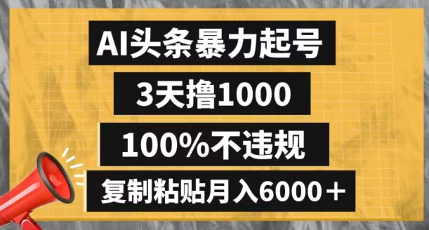 AI头条暴力起号，3天撸1000,100%不违规，复制粘贴月入6000＋【揭秘】-学习笔记资源库