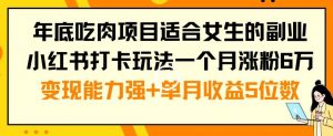 年底吃肉项目适合女生的副业小红书打卡玩法一个月涨粉6万+变现能力强+单月收益5位数【揭秘】-学习笔记资源库