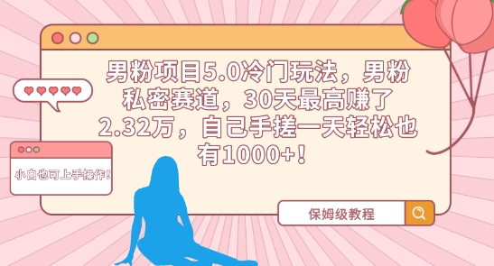男粉项目5.0冷门玩法，男粉私密赛道，30天最高赚了2.32万，自己手搓一天轻松也有1000+【揭秘】-学习笔记资源库
