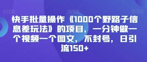 快手批量操作《1000个野路子信息差玩法》的项目，一分钟做一个视频一个图文，不封号，日引流150+【揭秘】-学习笔记资源库
