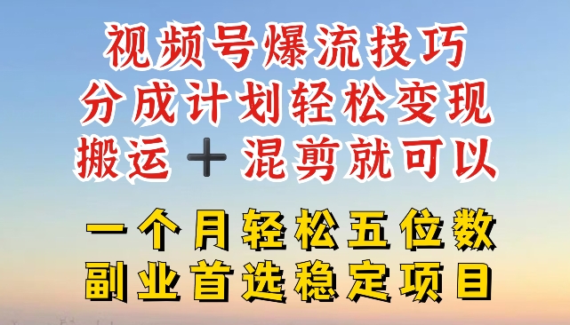 视频号爆流技巧，分成计划轻松变现，搬运 +混剪就可以，一个月轻松五位数稳定项目【揭秘】-学习笔记资源库
