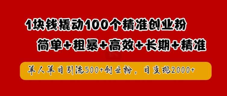 1块钱撬动100个精准创业粉，简单粗暴高效长期精准，单人单日引流500+创业粉，日变现2k【揭秘】-学习笔记资源库