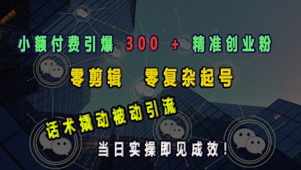 小额付费引爆 300 + 精准创业粉，零剪辑、零复杂起号，话术撬动被动引流，当日实操即见成效-学习笔记资源库