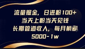 流量掘金,日进粉100+,当天上粉当天见钱,长期管道收入,每月躺挣5k-学习笔记资源库