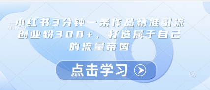 小红书3分钟一条作品精准引流创业粉300+，打造属于自己的流量帝国-学习笔记资源库