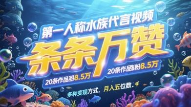 第一人称水族代言视频，条条万赞，20条作品涨粉7.8W，多种变现方式月入五位数-学习笔记资源库