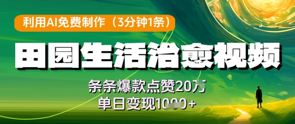 利用AI免费制作田园生活治愈视频，条条爆款点赞20W，单日变现几张-学习笔记资源库