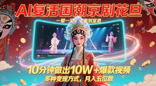 AI复活国潮京剧花旦，一颦一笑美到窒息，10分钟做出10W+爆款视频，多种变现方式，月入五位数-学习笔记资源库