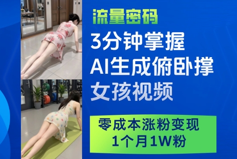 3分钟掌握AI生成俯卧撑女孩视频，零成本涨粉变现，1个月1W粉-学习笔记资源库