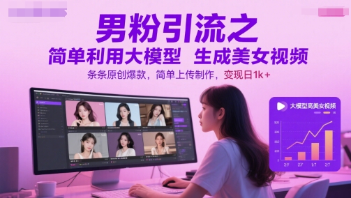 男粉引流之简单利用大模型生成美女视频，条条原创爆款，简单上传制作，变现日1k+-学习笔记资源库