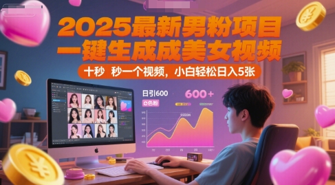 2025最新男粉项目，一键生成美女视频，日引600+色粉 十秒一个视频，小白轻松日入5张【揭秘】-学习笔记资源库