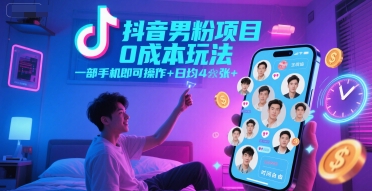 抖音男粉项目0成本玩法，一部手机即可操作，日均4张+，时间自由-学习笔记资源库