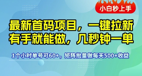 最新首码项目，一键拉新有手就能做，几秒钟一单，1个小时单号可60+，矩阵批量做每天5张【揭秘】-学习笔记资源库