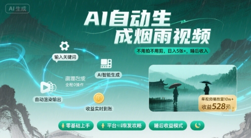 不用拍不用剪！AI自动生成烟雨视频，日入5张+，睡后收入-学习笔记资源库
