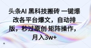 头条AI 黑科技搬砖 一键爆改各平台爆文,自动排版,秒过原创 矩阵操作,月入3w+【揭秘】-学习笔记资源库