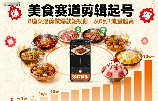 美食赛道剪辑起号，8道菜混剪做爆款短视频，从0到1，流量超高-学习笔记资源库