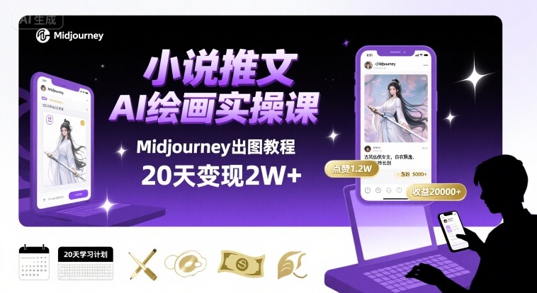 小说推文干货分享之AI绘画MJ出图实操课，用Midjourney做小说推文，20天挣2w-学习笔记资源库