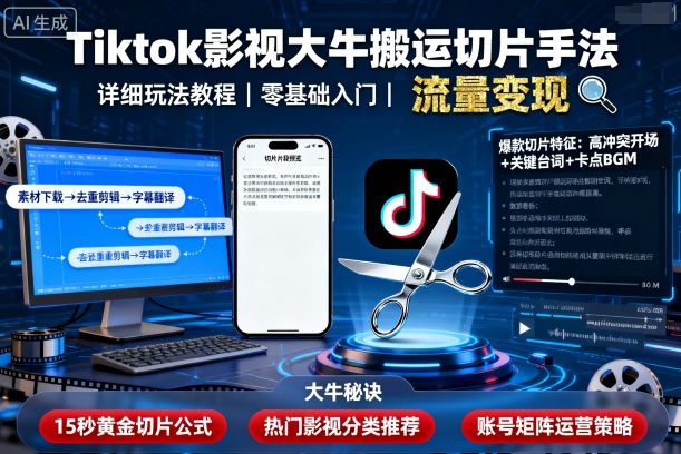 Tiktok影视大牛搬运切片手法，详细玩法教程-学习笔记资源库