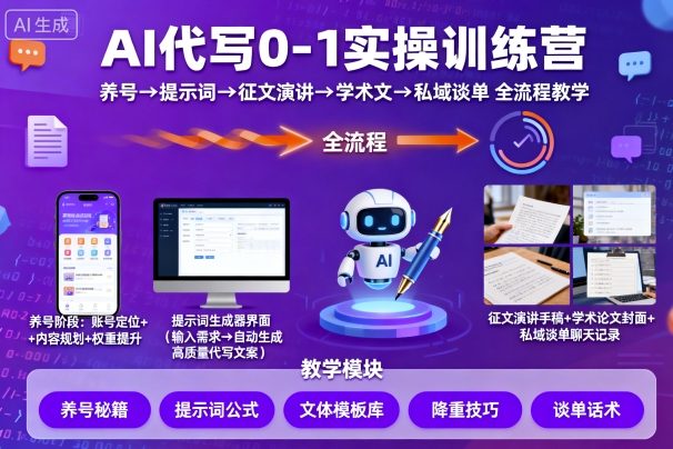 AI代写0-1实操训练营，从养号、提示词、征文演讲、学术文，到私域谈单的全流程教学-学习笔记资源库