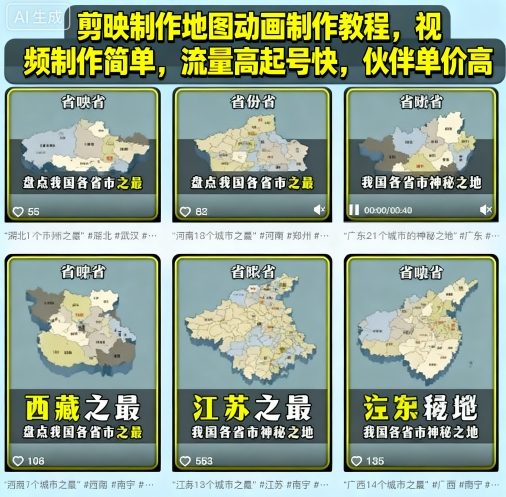 剪映制作地图动画制作教程，视频制作简单，流量高起号快，伙伴单价高-学习笔记资源库