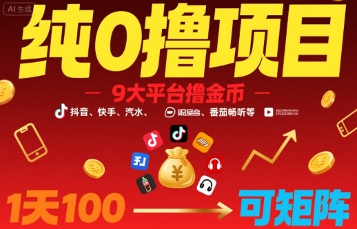 纯0撸项目，9大平台撸金币，抖音，快手，汽水，番茄畅听等，1天100，可矩阵-学习笔记资源库