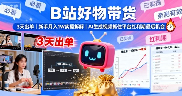 B站好物带货，3天出单，新手月入1W实操拆解，AI生成视频，抓住平台红利期最后机会-学习笔记资源库