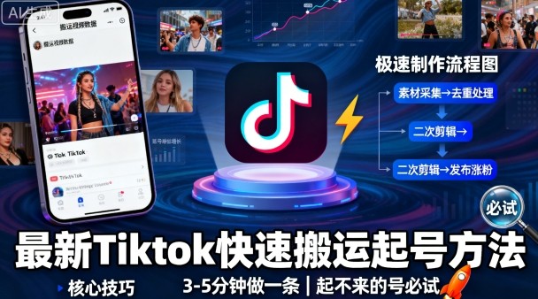 最新Tiktok快速搬运快速起号方法，3-5分钟做一条，起不来的号可以试试-学习笔记资源库
