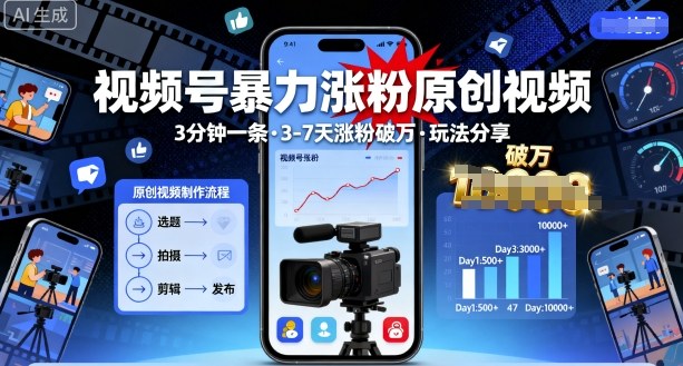 视频号暴力涨粉原创视频，3分钟一条原创视频，3-7天涨粉破万，玩法分享给你-学习笔记资源库