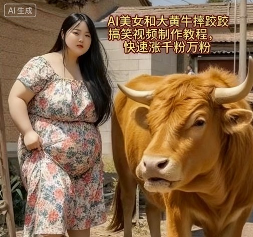 AI美女和大黄牛摔跤搞笑荒诞视频制作教程，快速涨千粉万粉-学习笔记资源库