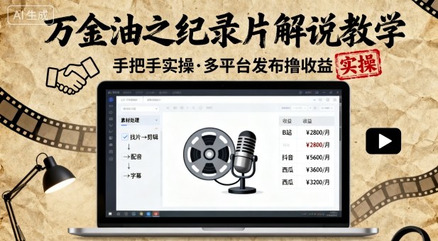 万金油之纪录片解说教学，手把手教你，完全实操，多平台发布撸收益-学习笔记资源库