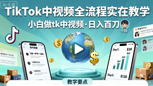 TikTok中视频全流程实操教学，小白做tk中视频，日入百刀-学习笔记资源库