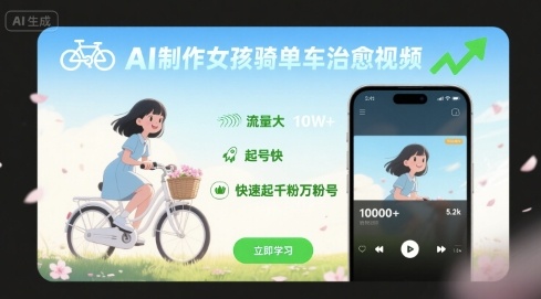 AI制作女孩骑单车治愈视频，流量大，起号快，快速起千粉万粉号-学习笔记资源库