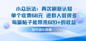 小众玩法再次刷新认知单个收费68米进群人数很多每篇帖子能带来6张的收益-学习笔记资源库