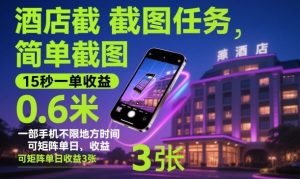 酒店截图任务,简单截图,15秒一单收益0.6米,一部手机不限地方时间,可矩阵单日收益3张【揭秘】-学习笔记资源库