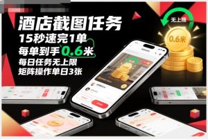 酒店截图任务,15秒速完1单,每单到手0.6米,每日任务无上限,全网首发玩法,矩阵操作单日3张【揭秘】-学习笔记资源库