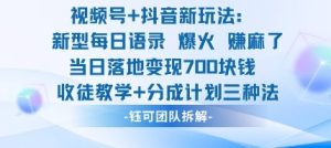 视频号加抖音新玩法:爆火新型每日语录,收徒教学加分成计划,三种变现玩法,当日变现7张-学习笔记资源库
