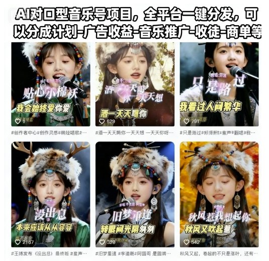 AI对口型音乐号项目，全平台一键分发，可以分成计划-广告收益-音乐推广-收徒-商单等